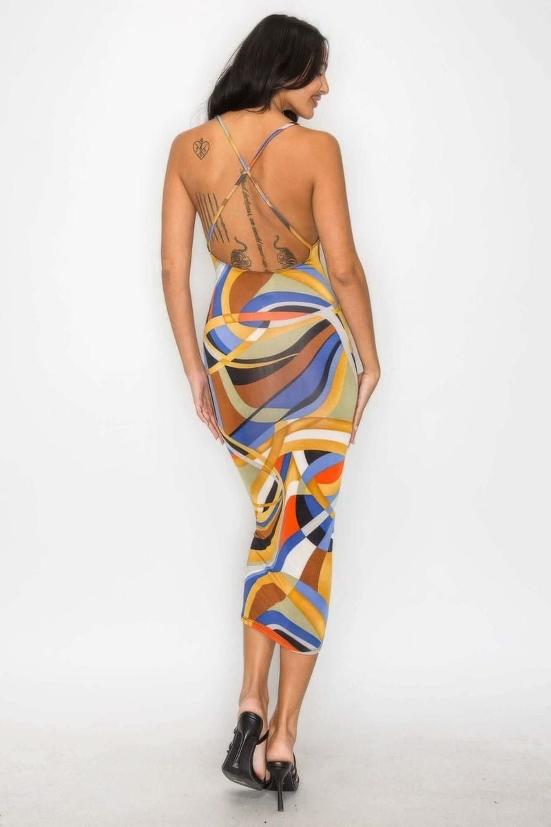 Crossed Back Marble Print Multicolor Midi Dress - Fit Me For 20