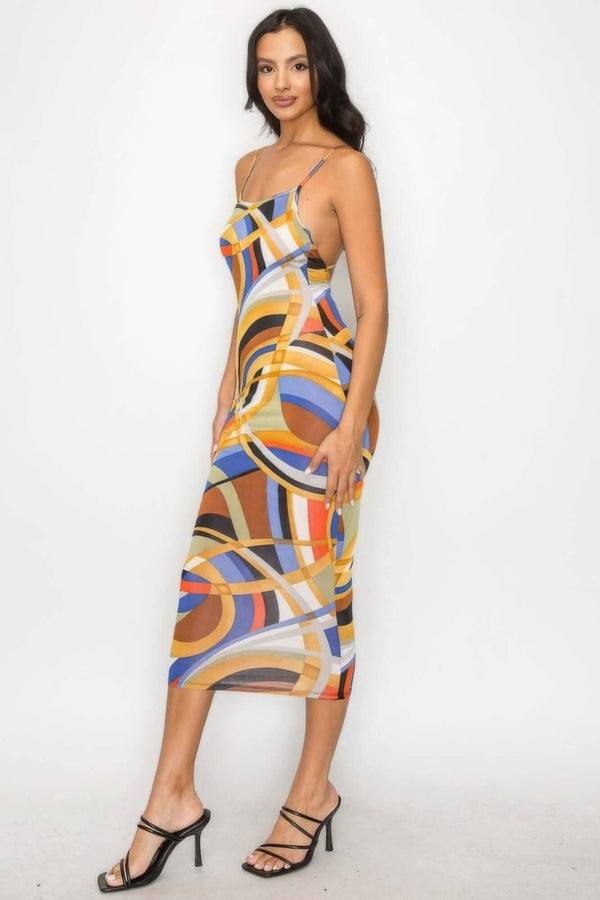 Crossed Back Marble Print Multicolor Midi Dress - Fit Me For 20