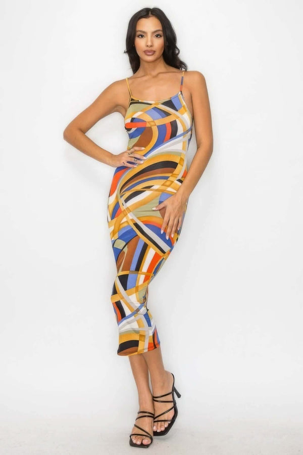 Crossed Back Marble Print Multicolor Midi Dress - Fit Me For 20