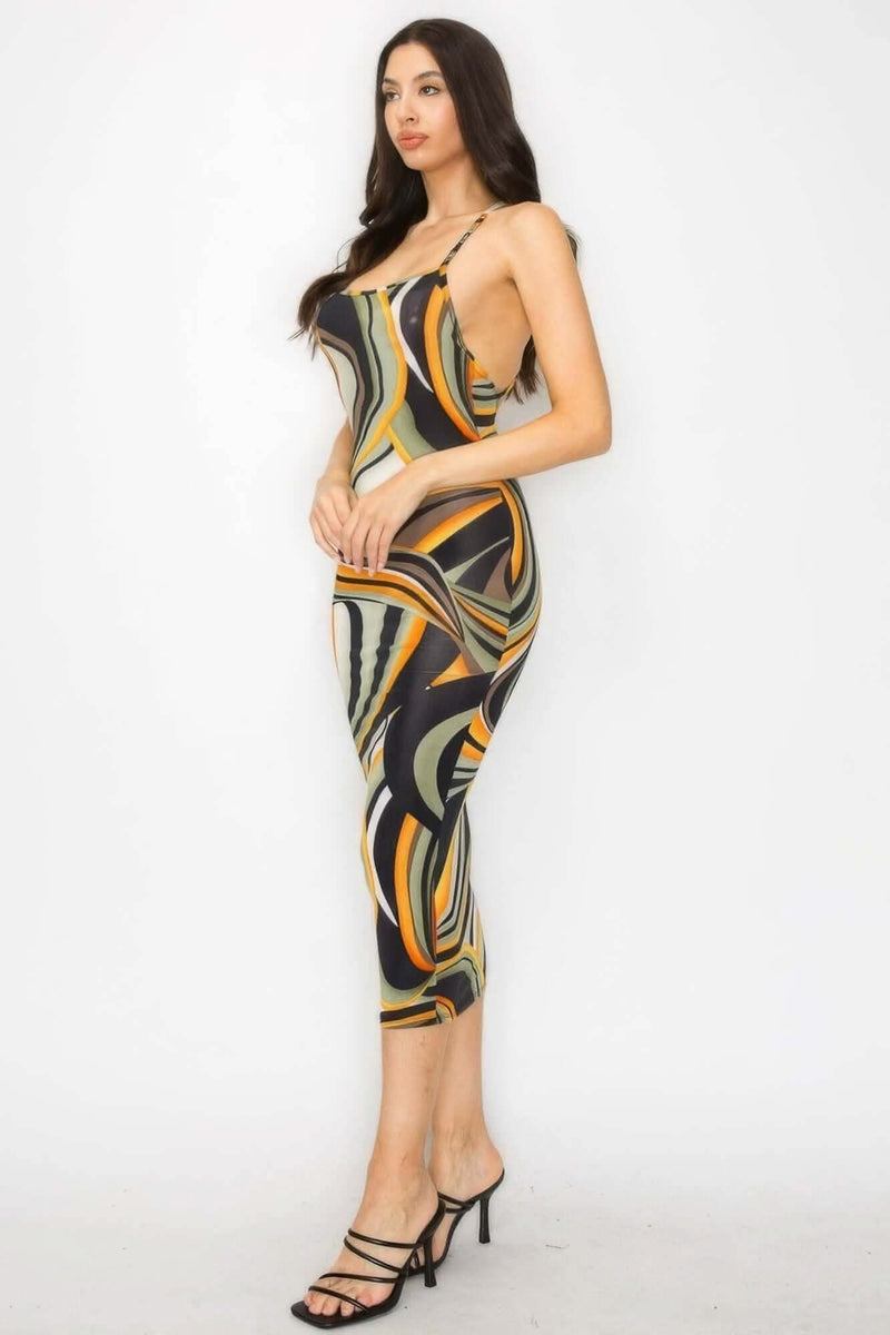 Crossed Back Marble Print Multicolor Midi Dress - Fit Me For 20