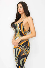 Crossed Back Marble Print Multicolor Midi Dress - Fit Me For 20