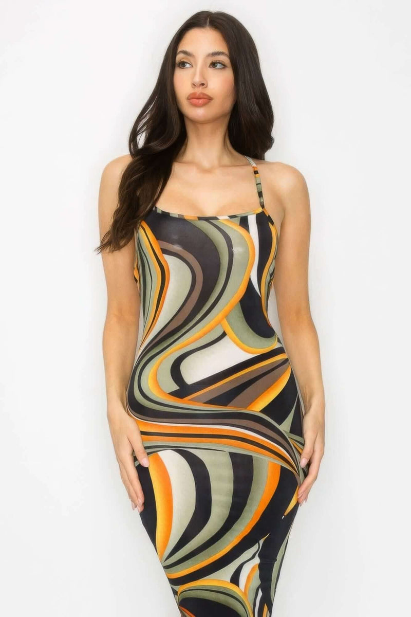 Crossed Back Marble Print Multicolor Midi Dress - Fit Me For 20