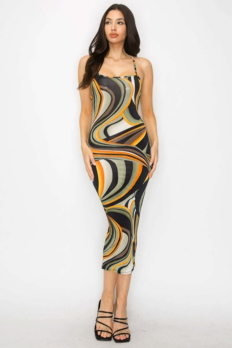 Crossed Back Marble Print Multicolor Midi Dress - Fit Me For 20
