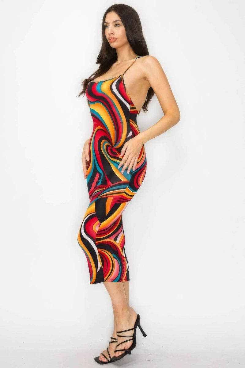 Crossed Back Marble Print Multicolor Midi Dress - Fit Me For 20