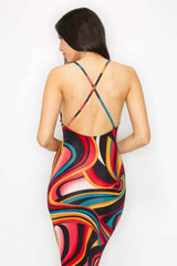 Crossed Back Marble Print Multicolor Midi Dress - Fit Me For 20