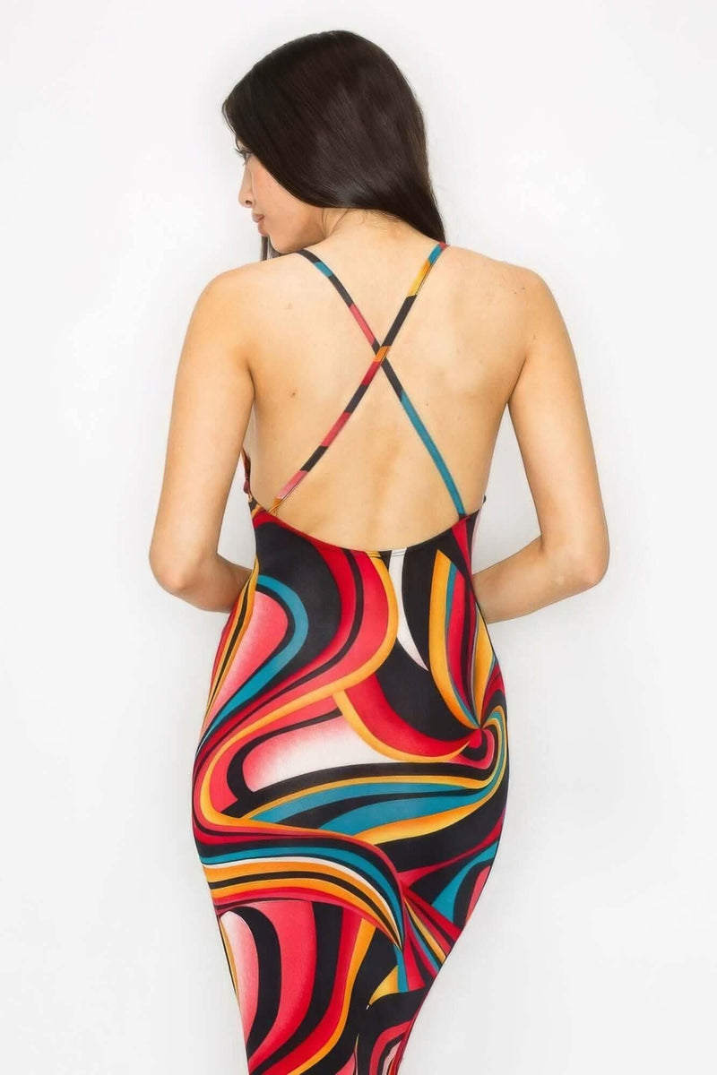 Crossed Back Marble Print Multicolor Midi Dress - Fit Me For 20