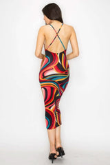 Crossed Back Marble Print Multicolor Midi Dress - Fit Me For 20
