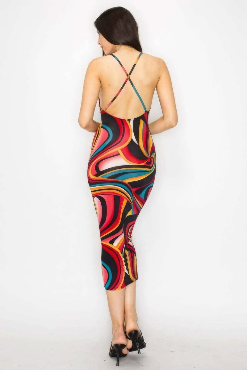 Crossed Back Marble Print Multicolor Midi Dress - Fit Me For 20