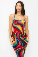 Crossed Back Marble Print Multicolor Midi Dress - Fit Me For 20