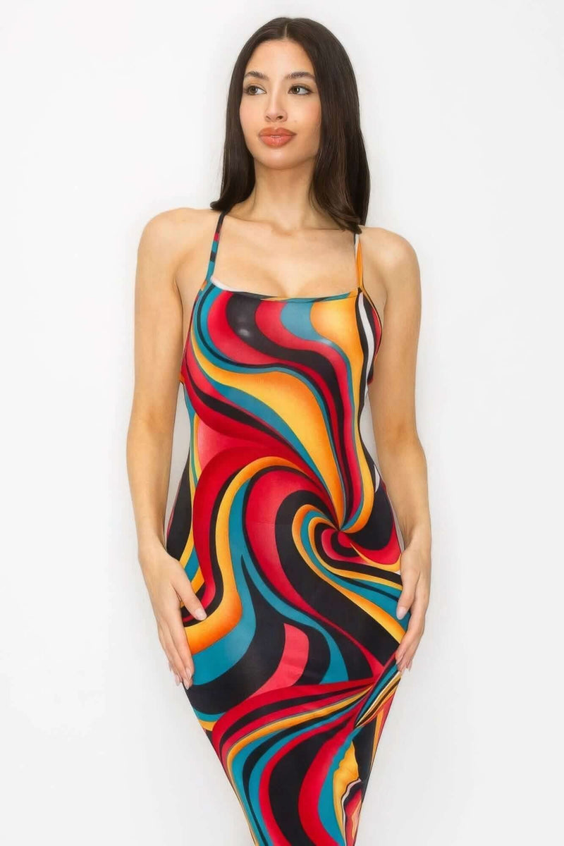 Crossed Back Marble Print Multicolor Midi Dress - Fit Me For 20