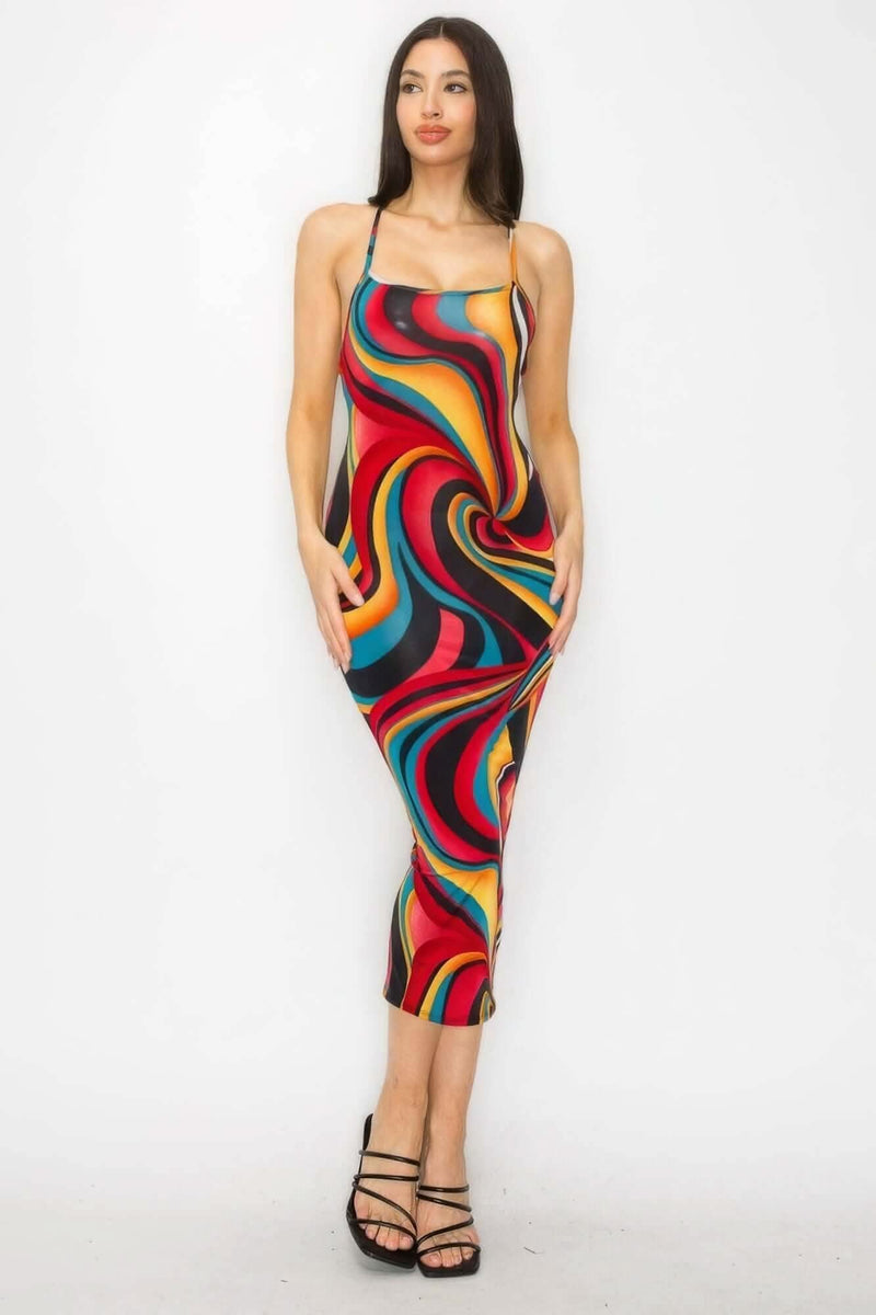 Crossed Back Marble Print Multicolor Midi Dress - Fit Me For 20