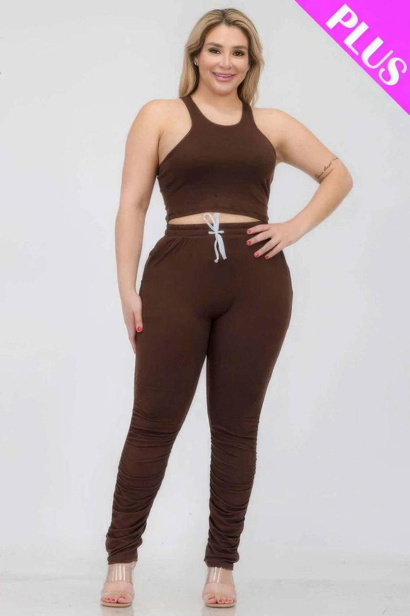 Plus Size Crop Tank Top & Ruched Pants Set - Fit Me For 20