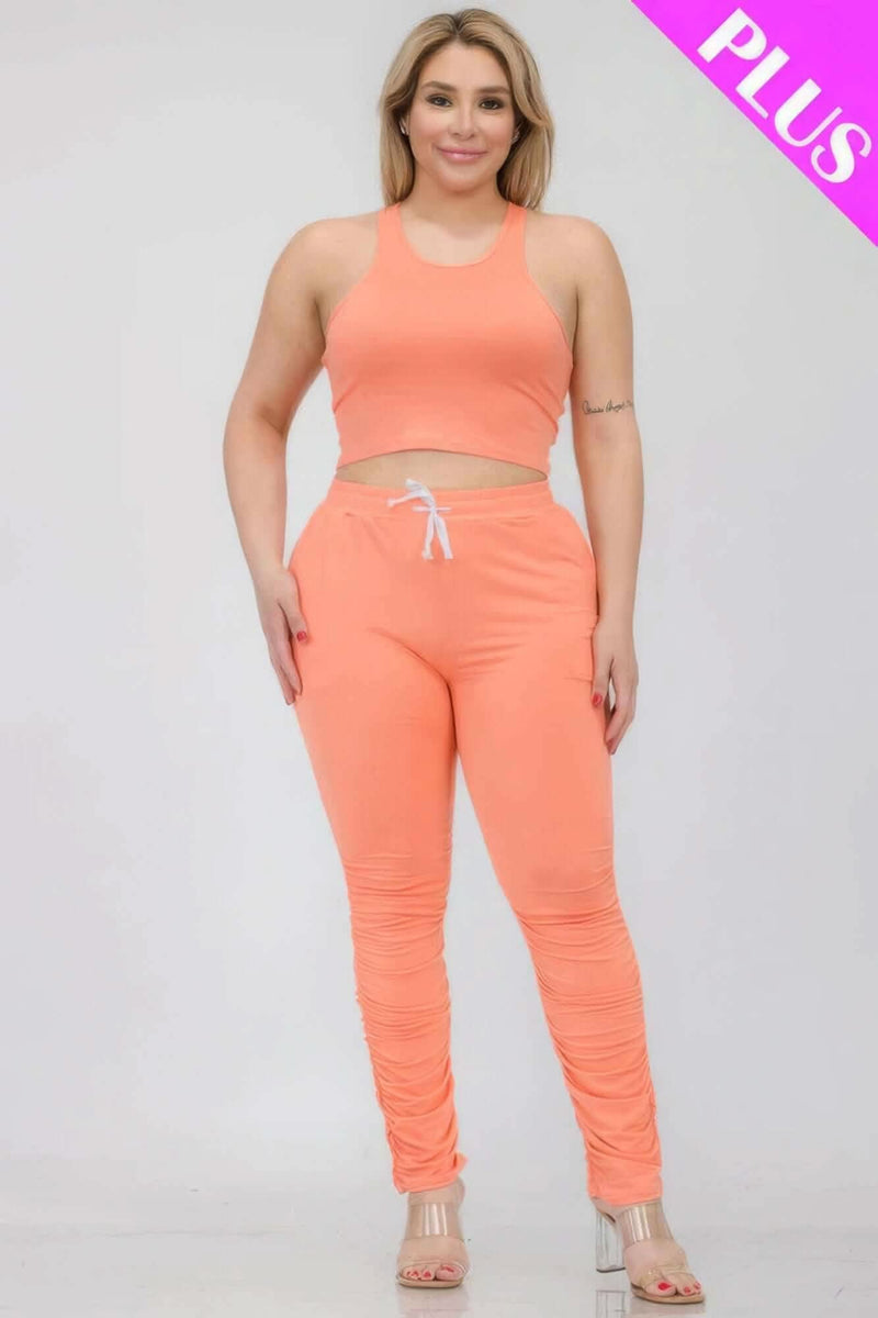Plus Size Crop Tank Top & Ruched Pants Set - Fit Me For 20