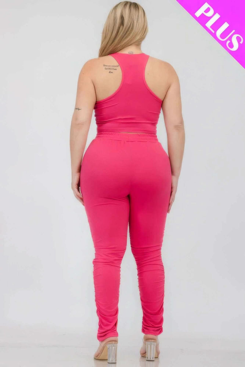 Plus Size Crop Tank Top & Ruched Pants Set - Fit Me For 20