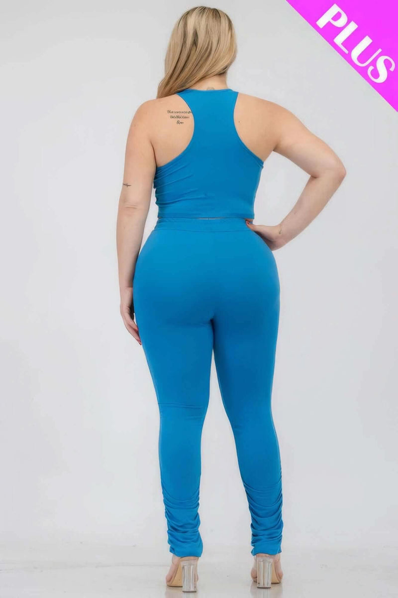 Plus Size Crop Tank Top & Ruched Pants Set - Fit Me For 20