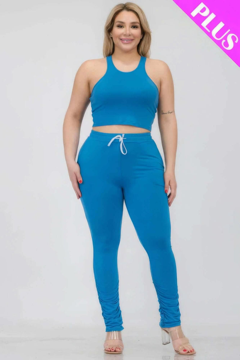 Plus Size Crop Tank Top & Ruched Pants Set - Fit Me For 20