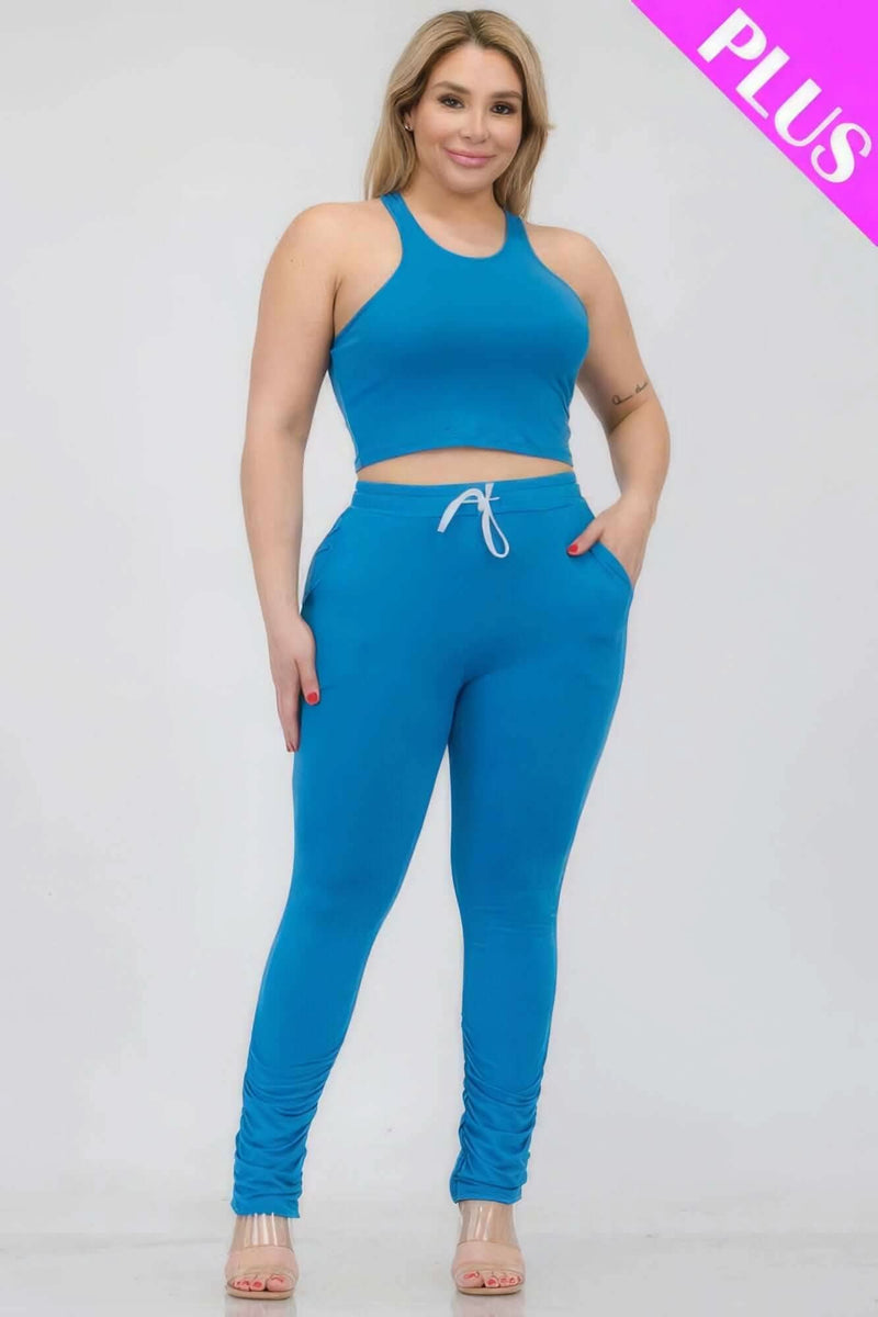 Plus Size Crop Tank Top & Ruched Pants Set - Fit Me For 20