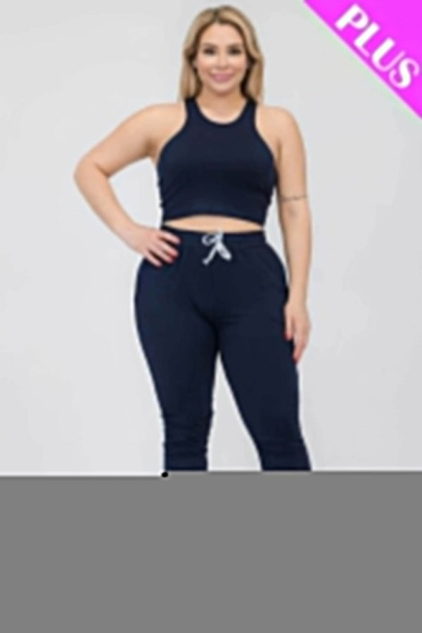 Plus Size Crop Tank Top & Ruched Pants Set - Fit Me For 20
