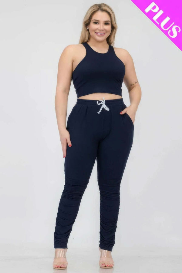 Plus Size Crop Tank Top & Ruched Pants Set - Fit Me For 20