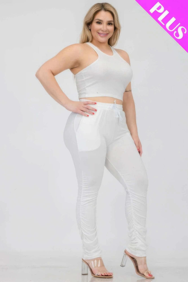Plus Size Crop Tank Top & Ruched Pants Set - Fit Me For 20