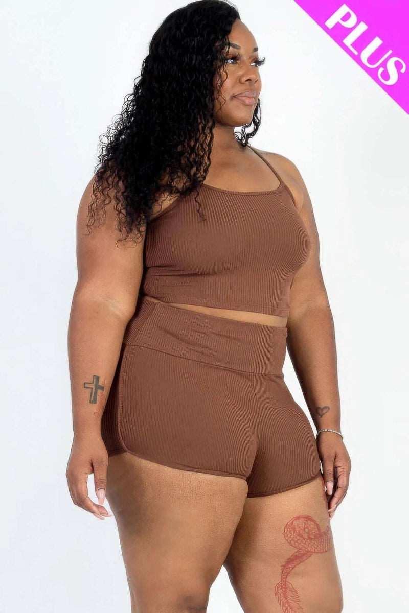 Plus Size Ribbed Cami Crop Top & Ruched Shorts Set - Fit Me For 20