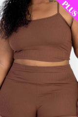 Plus Size Ribbed Cami Crop Top & Ruched Shorts Set - Fit Me For 20
