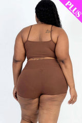 Plus Size Ribbed Cami Crop Top & Ruched Shorts Set - Fit Me For 20