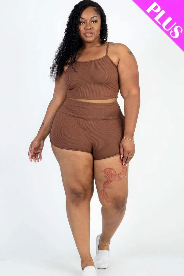Plus Size Ribbed Cami Crop Top & Ruched Shorts Set - Fit Me For 20