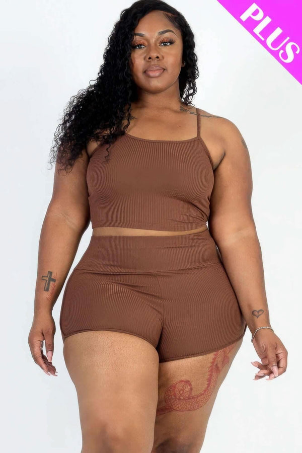Plus Size Ribbed Cami Crop Top & Ruched Shorts Set - Fit Me For 20