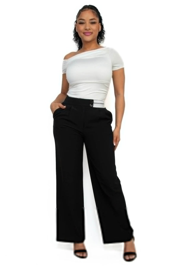 High-rise wide elastic contrast waist pants - Fit Me For 20