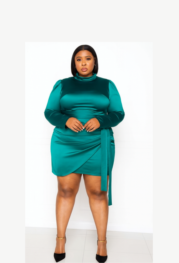 Satin Mock Neck Rouched Mini Dress