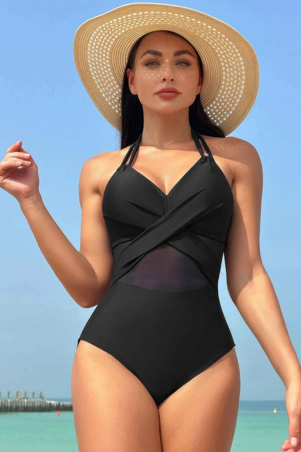Color Block Halter Cross Lace One Piece Swimsuit - Fit Me For 20