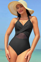 Color Block Halter Cross Lace One Piece Swimsuit - Fit Me For 20