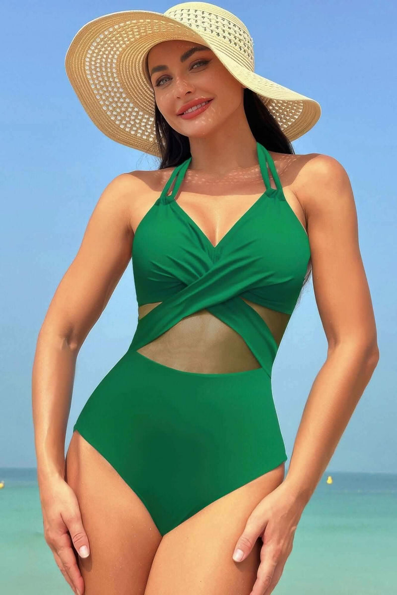 Color Block Halter Cross Lace One Piece Swimsuit - Fit Me For 20
