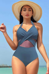 Color Block Halter Cross Lace One Piece Swimsuit - Fit Me For 20