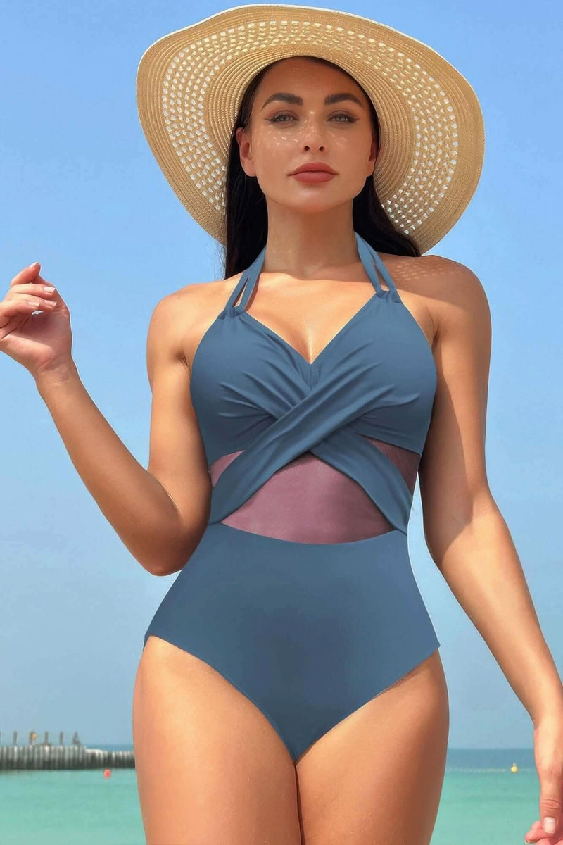 Color Block Halter Cross Lace One Piece Swimsuit - Fit Me For 20