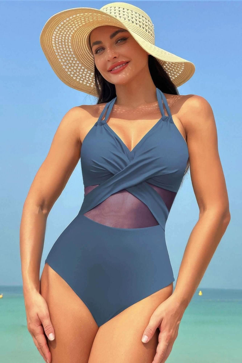 Color Block Halter Cross Lace One Piece Swimsuit - Fit Me For 20