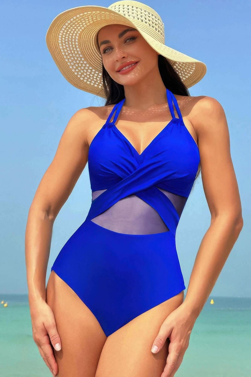 Color Block Halter Cross Lace One Piece Swimsuit - Fit Me For 20