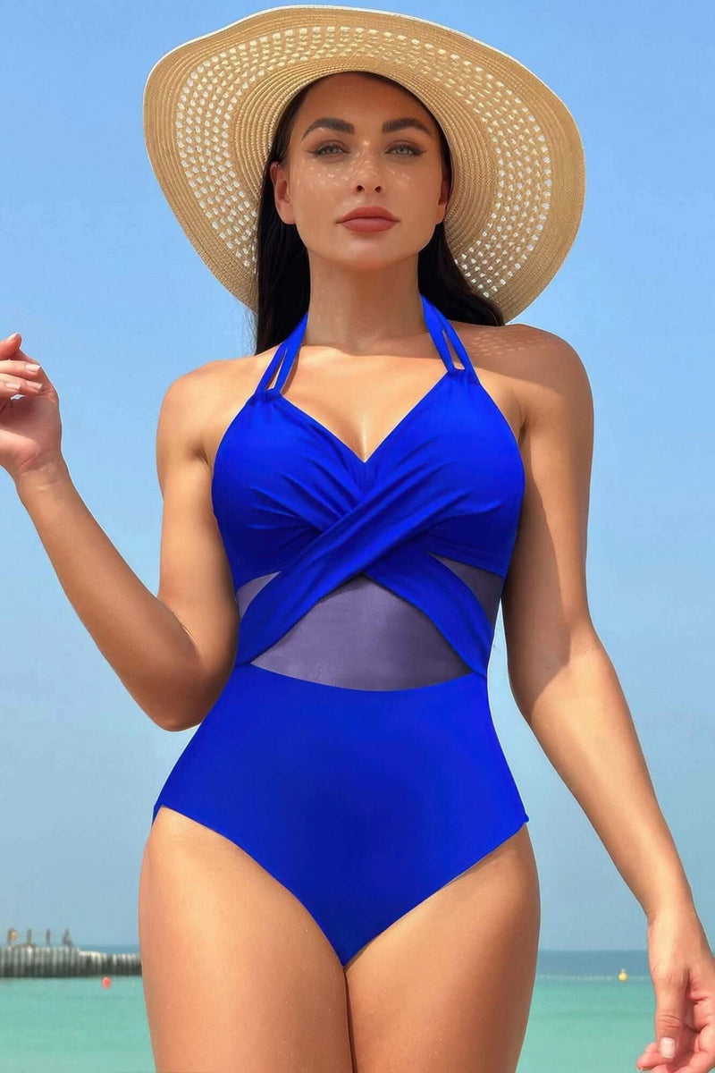 Color Block Halter Cross Lace One Piece Swimsuit - Fit Me For 20