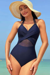 Color Block Halter Cross Lace One Piece Swimsuit - Fit Me For 20