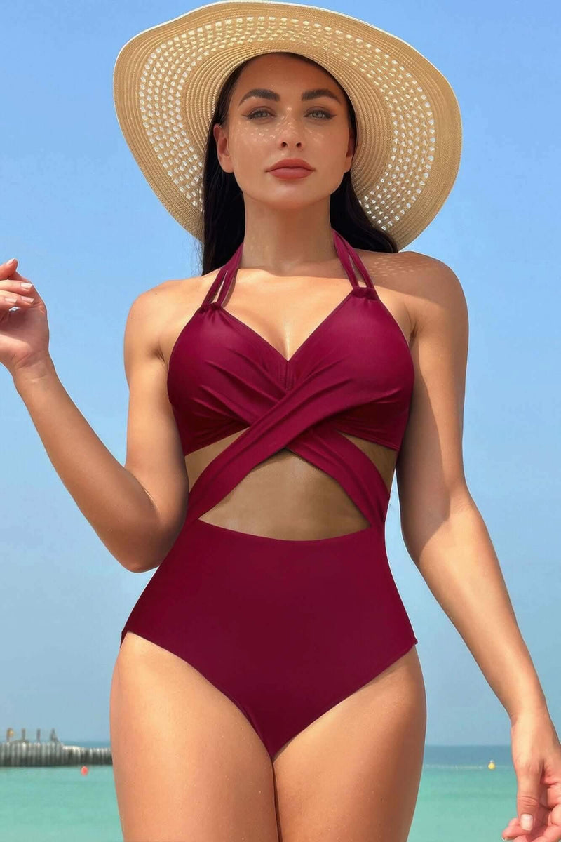 Color Block Halter Cross Lace One Piece Swimsuit - Fit Me For 20
