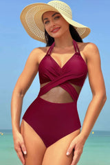 Color Block Halter Cross Lace One Piece Swimsuit - Fit Me For 20