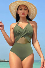 Color Block Halter Cross Lace One Piece Swimsuit - Fit Me For 20