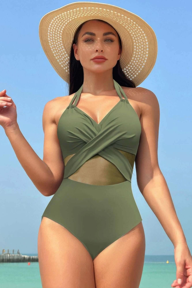 Color Block Halter Cross Lace One Piece Swimsuit - Fit Me For 20