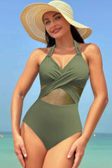 Color Block Halter Cross Lace One Piece Swimsuit - Fit Me For 20