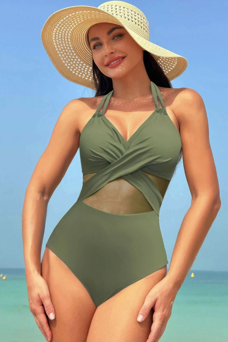 Color Block Halter Cross Lace One Piece Swimsuit - Fit Me For 20