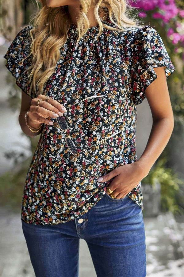Floral Mock Neck Ruffle Short Sleeve Shirt - Fit Me For 20