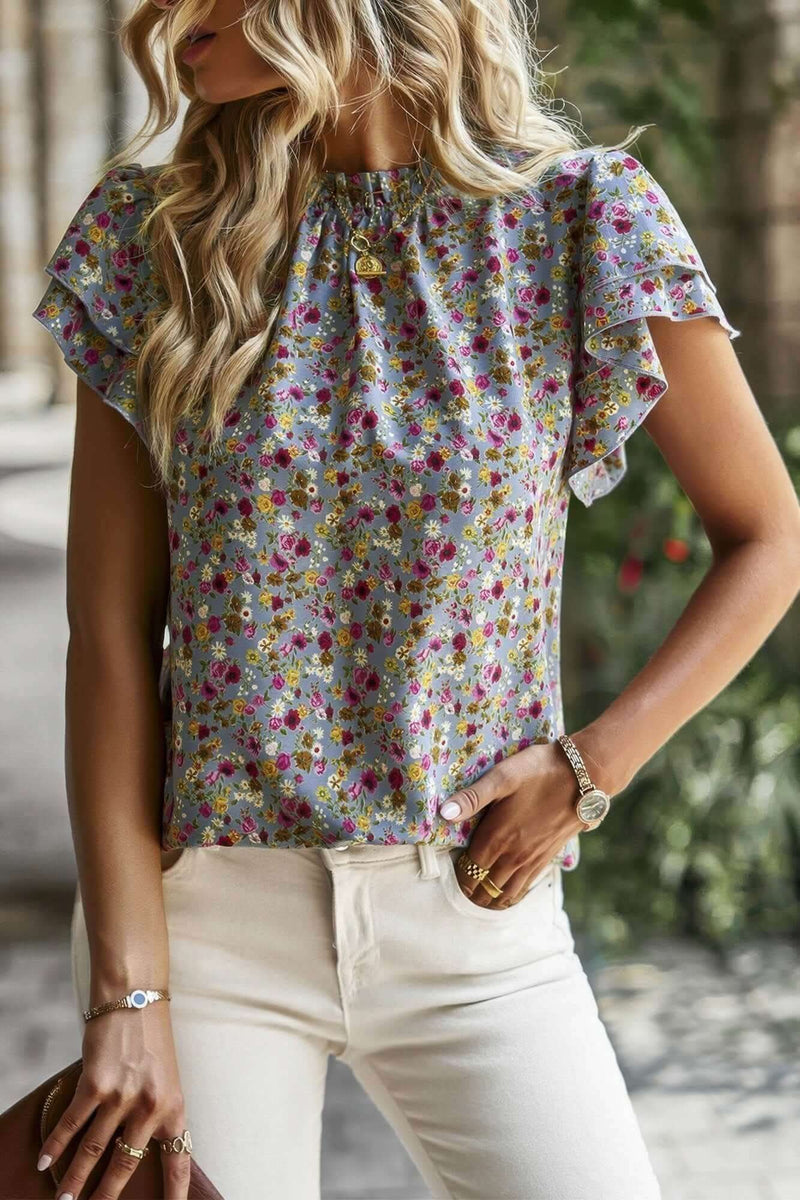 Floral Mock Neck Ruffle Short Sleeve Shirt - Fit Me For 20