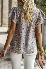 Floral Mock Neck Ruffle Short Sleeve Shirt - Fit Me For 20