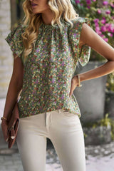 Floral Mock Neck Ruffle Short Sleeve Shirt - Fit Me For 20